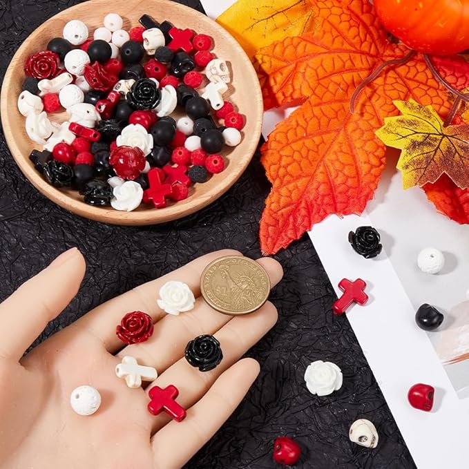 SUNNYCLUE 227Pcs Halloween Beads Kit - Mixed Stone - Skull, Rose, Cross, Round Shapes - DIY Jewelry Making Kit - Adults - Mixed Color