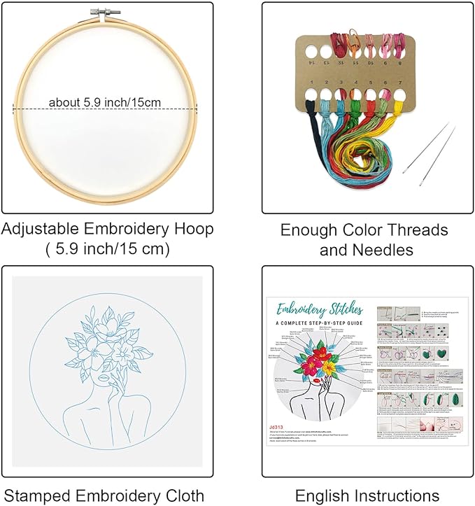 Louise Maelys Floral Embroidery Kits for Beginners,Woman Flowers Pattern Cross Stitch kit for Adults,DIY Needlepoint for Starters,Including Hoop,Instruction and Threads
