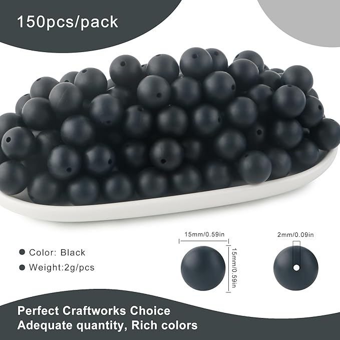 150Pcs 15mm Silicone Beads for Keychain Making Bracelet Necklace, Bulk Round Silicone Beads for Pens（Black）