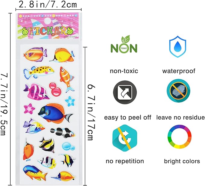 24 sheets(500+) 3d puffy stickers for toddlers kids, bulk preschool sticker sheets for reward, craft, scrapbooking including animal, fruits, dinosaurs, fish and more
