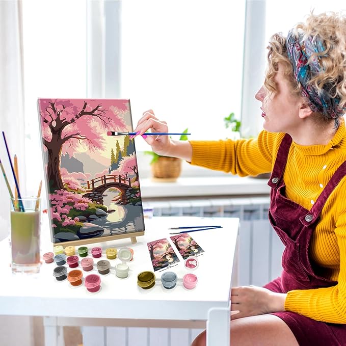 JOOZ Sakura Paint by Numbers Kit for Adults with Frame Landscape Paint by Number with Easel Lake Adult Paint by Number Kits Framed Canvas Mountain Oil Painting Kits for Home Wall Decor 8x12 Inch