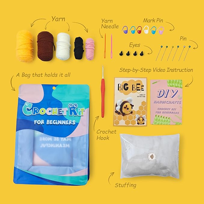 Kovarela Beginners Crochet Kit with Simple Crochet Yarn - with Step-by-Step Video Tutorials (Cute Bee)