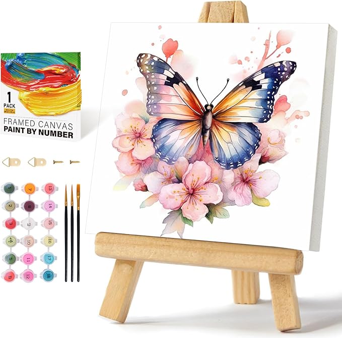 Framed Paint by Numbers Kit for Adults Beginners & Kids Ages 8-12, Butterfly Flowers Acrylic Easy Paint by Number with Frame, Number Painting Kits on Canvas Framed (12 * 12 Inch, without Easel)