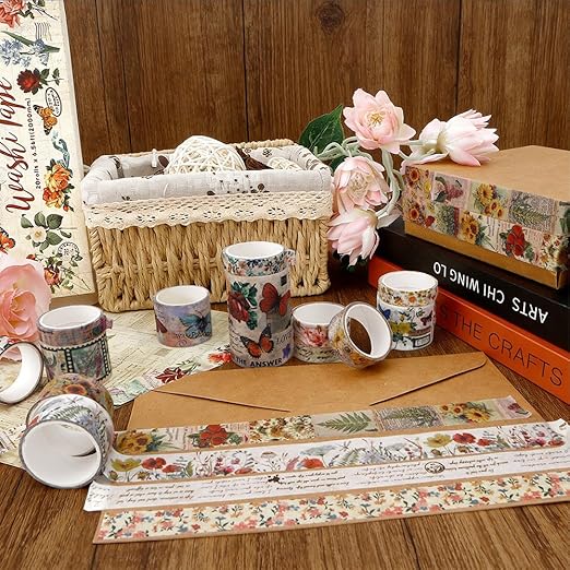Washi Tape Set 20 Rolls Vintage Washi Tape Self-Adhesive Floral Tape Scrapbook Paper Tape Floral Patterns Decorative Tape for Scrapbook Journal DIY Craft Scrapbooking Journal Supplies Gift Wrapping