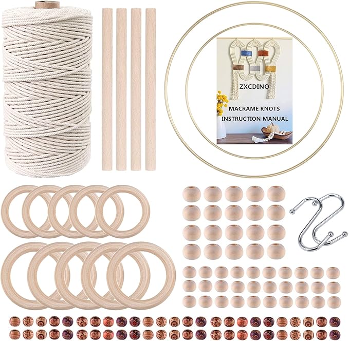 zxcdino 119pcs macrame kits for starter 3mm x 109yards natural cotton macrame cord with 100pcs wooden beads,10pcs wooden rings,wooden sticks,metal rings,s hooks macrame supplies for plant hangers