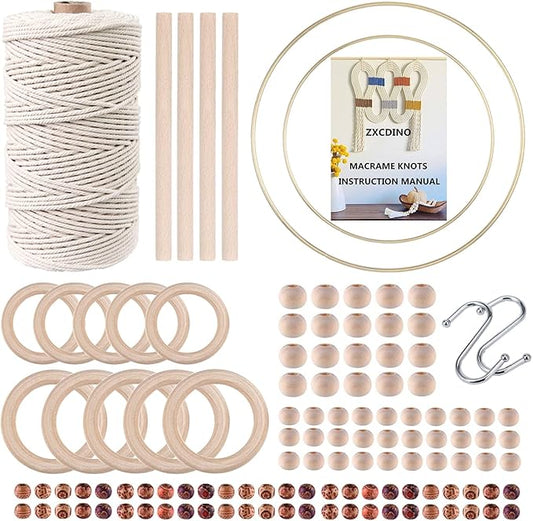 zxcdino 119pcs macrame kits for starter 3mm x 109yards natural cotton macrame cord with 100pcs wooden beads,10pcs wooden rings,wooden sticks,metal rings,s hooks macrame supplies for plant hangers