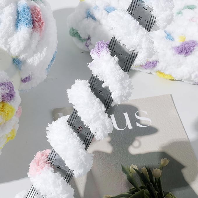 HOMBYS Chunky Tie Dye Mix Chenille Yarn for Hand Knitting, Super Bulky Jumbo Yarn for Crocheting, 3/4" Thick Soft Plush Yarn for Blankets, 8 Skein Pack (26 yds / 7.5 oz Each) Rainbow White