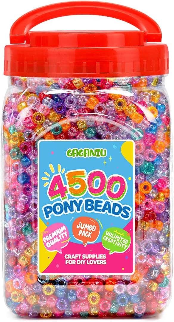 glitter pony beads 2.5 lb bulk– 4500 pcs colored plastic kandi beads in handle bucket for craft supplies, jewelry making, bracelets, hair braiding & diy projects 6x9mm wide hole