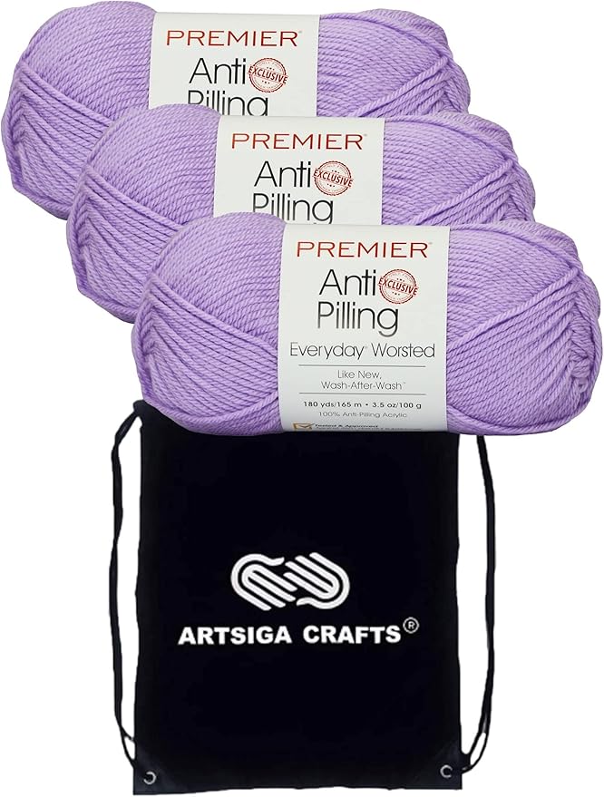 Premier Yarns Everyday Anti-Pilling Solid African Violet DN100-76 (3-Skeins - Same Dye Lot) #4 Worsted Weight Acrylic Yarn for Crocheting and Knitting with Project Bag