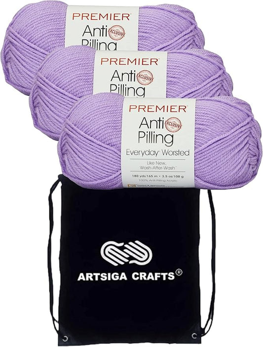 Premier Yarns Everyday Anti-Pilling Solid African Violet DN100-76 (3-Skeins - Same Dye Lot) #4 Worsted Weight Acrylic Yarn for Crocheting and Knitting with Project Bag
