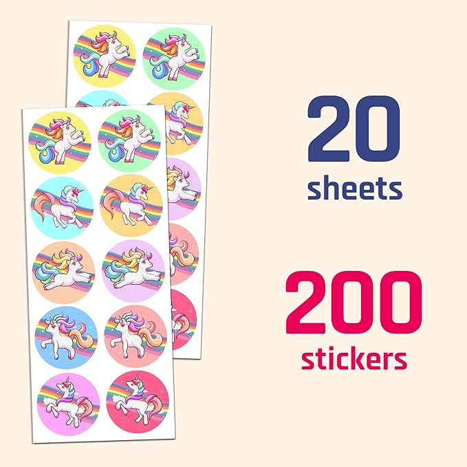 unicorn sticker sheets for kids, 1.5" - 20 sheets, 200 stickers
