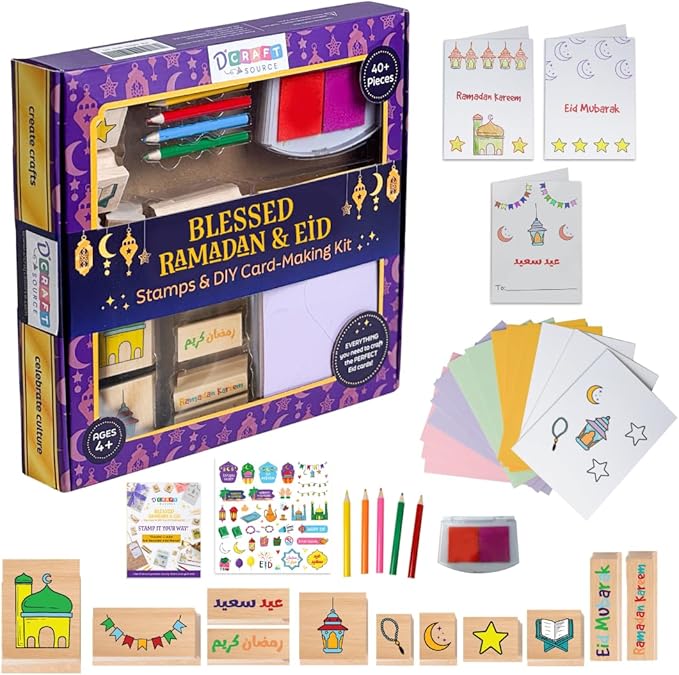 Ramadan & Eid Crafts Set with Stamps DIY Card-Making Kit for Kids 40 Pieces 11 Wooden Stamps, 12 Cards & Envelopes, 5 Pencils, Dual-Color Ink Pad, Ramadan Stickers-Islamic Gifts, Ramadan Decor