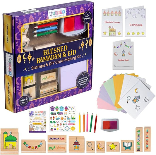 Ramadan & Eid Crafts Set with Stamps DIY Card-Making Kit for Kids 40 Pieces 11 Wooden Stamps, 12 Cards & Envelopes, 5 Pencils, Dual-Color Ink Pad, Ramadan Stickers-Islamic Gifts, Ramadan Decor
