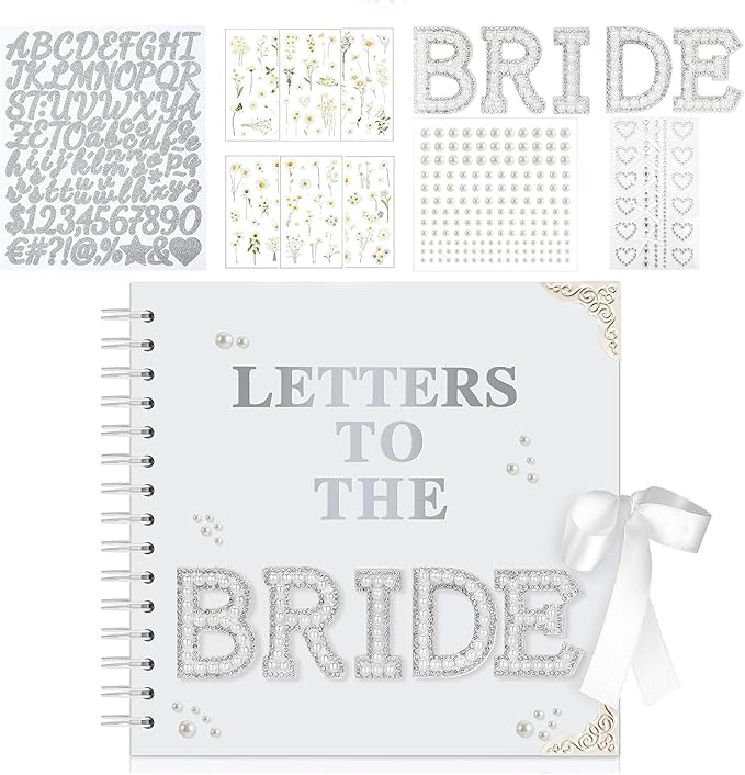 HOETEK 8 x 8 Inch Letters to The Bride Scrapbook, Wedding Memory Book, Bridal DIY Blank Paper Scrapbook, Photo Album Guest Book Sign with Pearl&Flower Stickers, Metallic Letters, Gems Bows