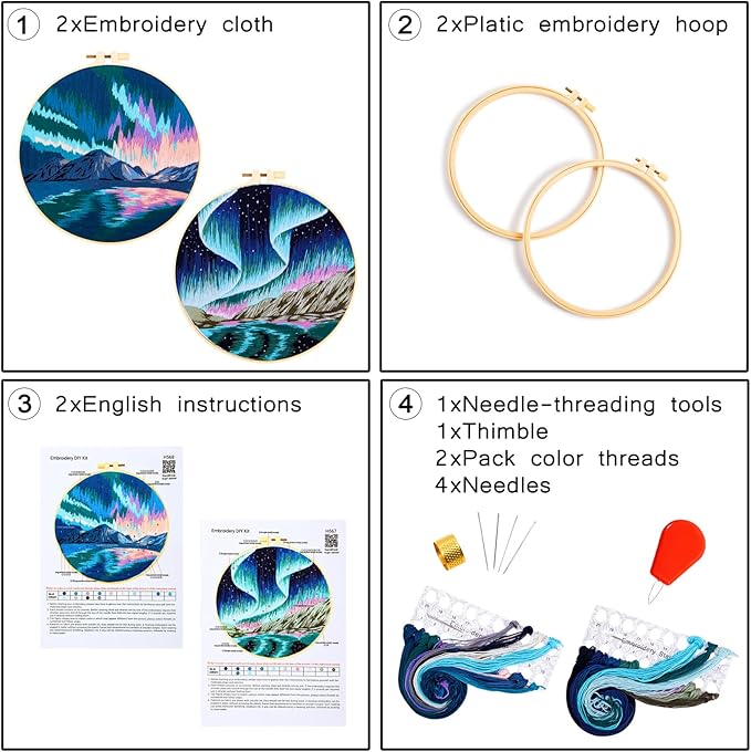 Aurora Borealis Embroidery Starter Kits for Beginners Adults, Stamped Cross Stitch Kit for Adult Beginner, Hand Embroidery Needlepoint Kit, 2 Set Embroidery Supplies, 2 Hoops (Attached Video Tutorial)