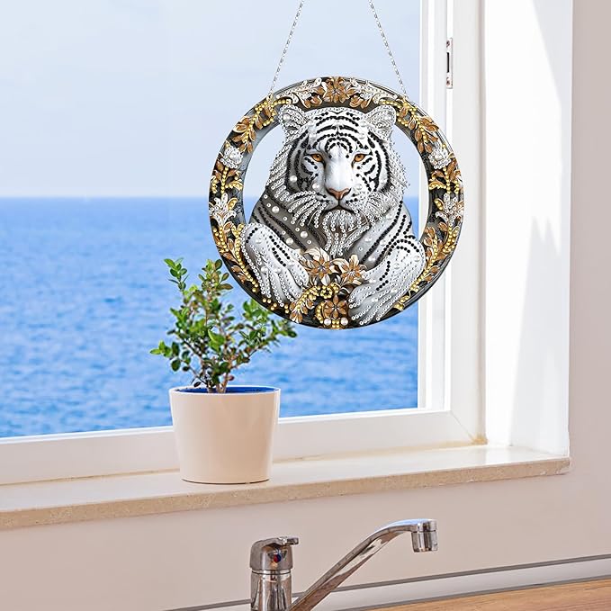 Generic DIY Hanging Diamond Pendant Special Shaped Crystal Diamond Art Painting Ornament Single Sided for Window Home Garden Wall Door Decor-White Tiger