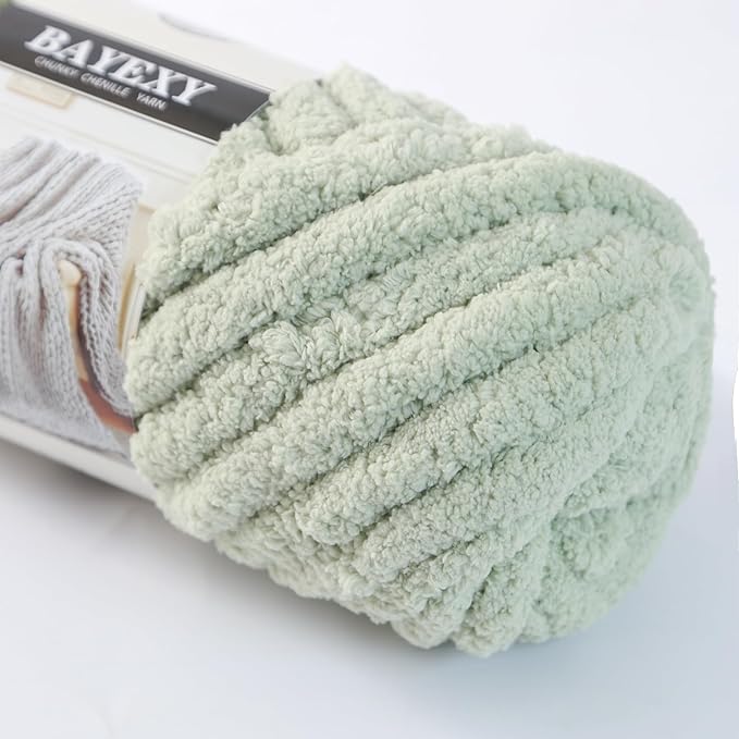 Chunky Chenille Yarn for Hand Knitting 8 Jumbo Pack Jumbo Chunky Yarn for Hand Soft Blanket Knitting, Bulky Thick Fluffy Yarn for Crocheting (Sage Green+Kitten Color)