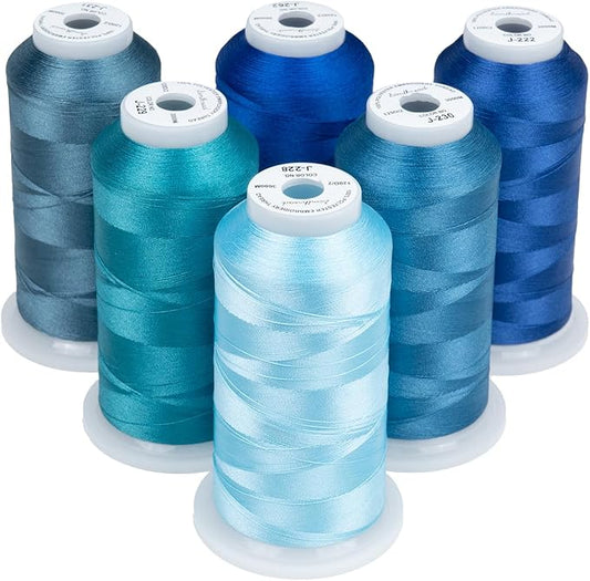 Simthread 6 Spools Embroidery Thread Set, 3000 Yards 40WT 100% Polyester Trilobal Machine Thread for Professional & Home Use, Compatible with Brother, Singer, Janome & More, Blue Series