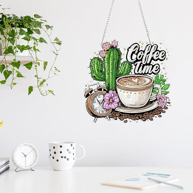 MAXBYE Coffee Time Diamond Art Painting Kits for Adults Beginners Hanging Pendent, DIY 5D Special Shaped Crystal Diamond Painting Kits Ornament for Gift Home Wall Door Decor 8×8 Inch