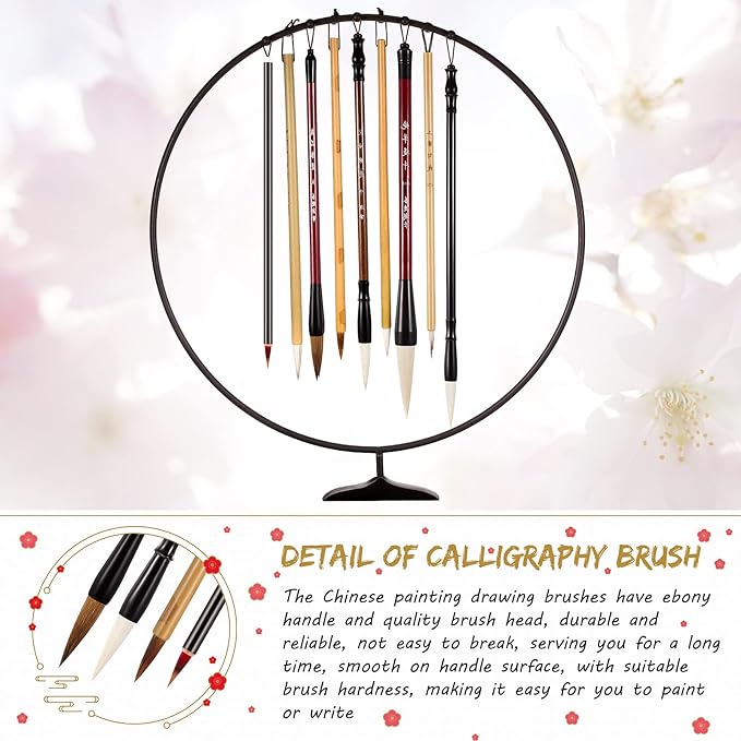 Marspark 12 Pieces Chinese Calligraphy Brushes Painting Writing Watercolor Ink Brushes Set for Kanji Japanese Sumi Drawing with Roll-up Holder