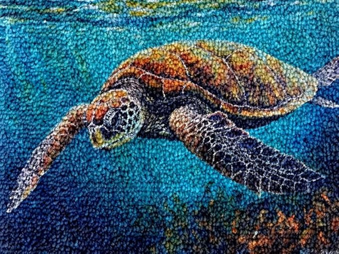 Generic Sea Turtle Latch Hook Kits Rug DIY Cushion Tapestry Making Crochet Hook Mat Making Kits Color Preprinted Pattern Canvas DIY Carpet Needlework Crochet Kits 52x38cm (cll-147)
