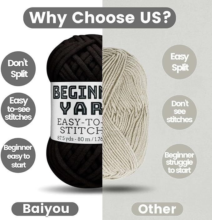 3x50g Beginners Black Yarn, 260 Yards for Crocheting Knitting, Easy-to-See Stitches, Worsted Medium #4, Chunky Thick Cotton Nylon Blend for Crocheting