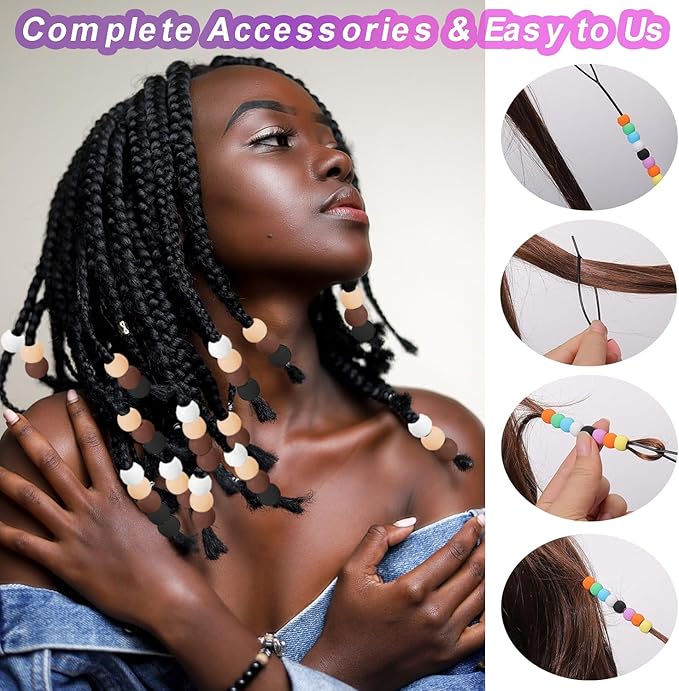 120Pcs 14mm Large Silicone Beads for Hair Braids, Soft Jellyish Hair Beads with 7mm Hole + 50 Rubber Bands and 1 Beader for Braiding, DIY Bracelets Necklaces Crafts(Brown)