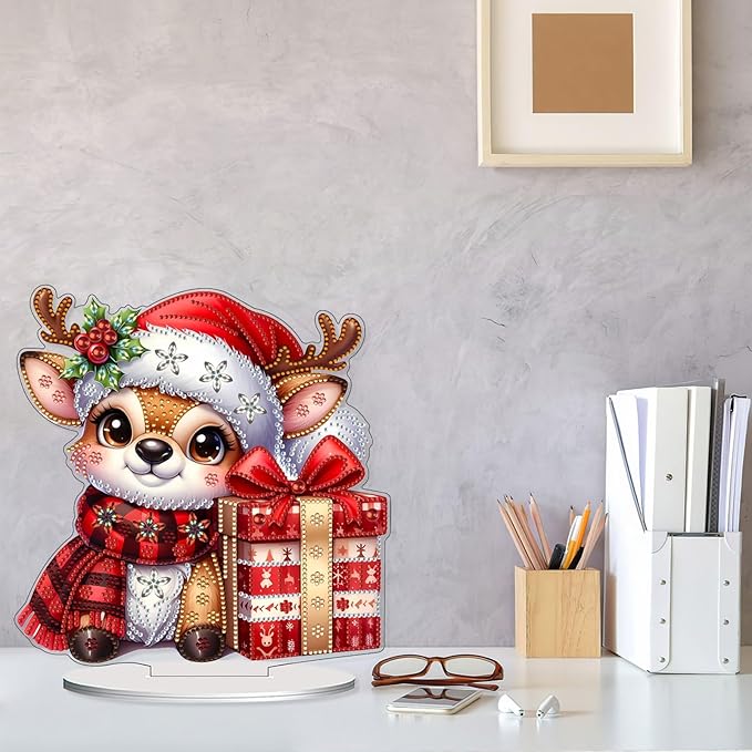 VODAPYC Christmas Reindeer Diamond Art Tabletop Painting Kit, DIY Stand Up Double Sided Special Shaped Diamond Painting Desktop Ornament(Christmas Reindeer)