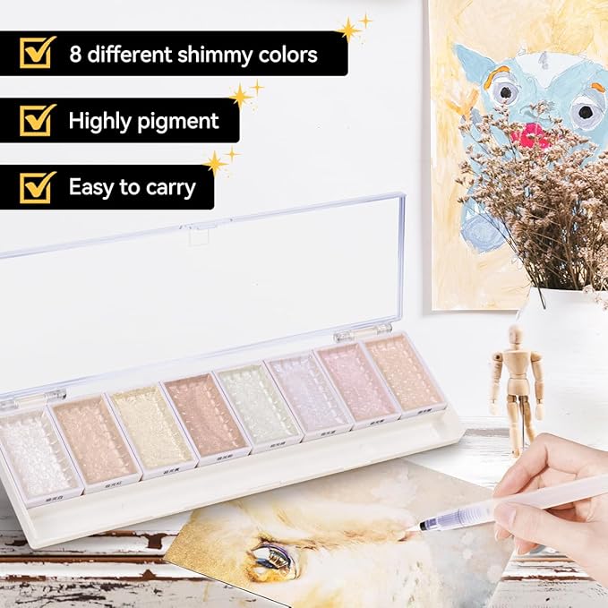 LIGHTWISH Metallic Waterolor Paints,8 Aurora Colors,Artist Glitter Solid Watercolors with 1 Water Brush Pen for Artists, Students and Beginners