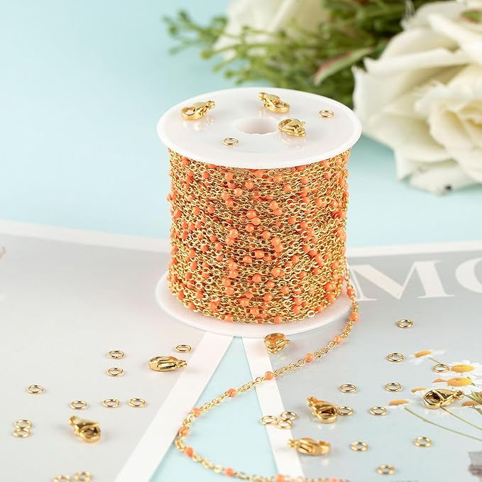 UMAOKANG 33 Feet Gold Plated Jewelry Making Chain Stainless Steel Cable Link Chains Bulk Orange Enamel Bead Decorative Craft Chain Roll