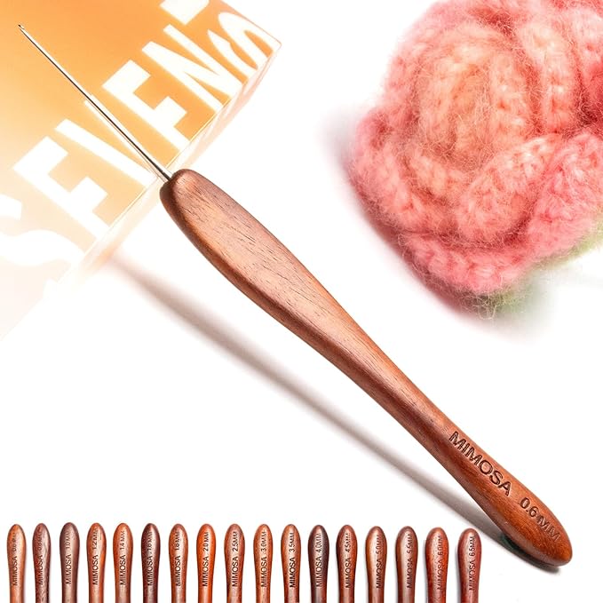 SEVENSUN Mimosa 0.6mm Single Crochet Hook, Available in 0.6mm-6.5mm, Ergonomic Hand Polished Stainless Steel Inline Pointy Wood Handle Crochet Hook for Arthritic Hands, Mother's Day Gifts for Mom