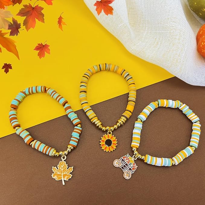 MIIIM Fall Clay Beads Kit for Bracelets Making, Heishi Beads for Friendship Bracelet, Thanksgiving Clay Charms and Gold Spacers for Jewelry Making, Crafts, Concert, Raves, Gifts
