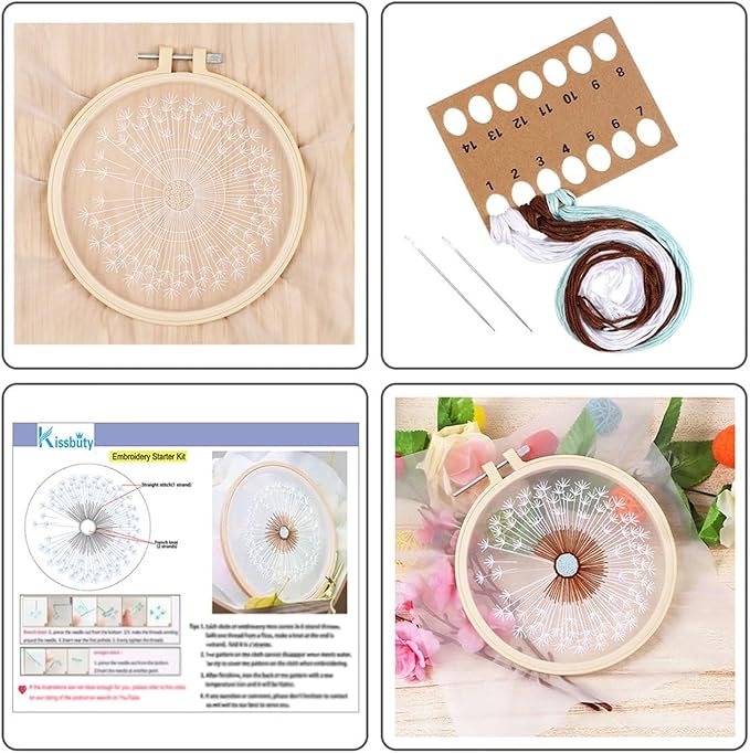 KISSBUTY Full Range Embroidery Starter Kit with Dandelion Pattern, Plastic Hoop, Color Threads, Tools