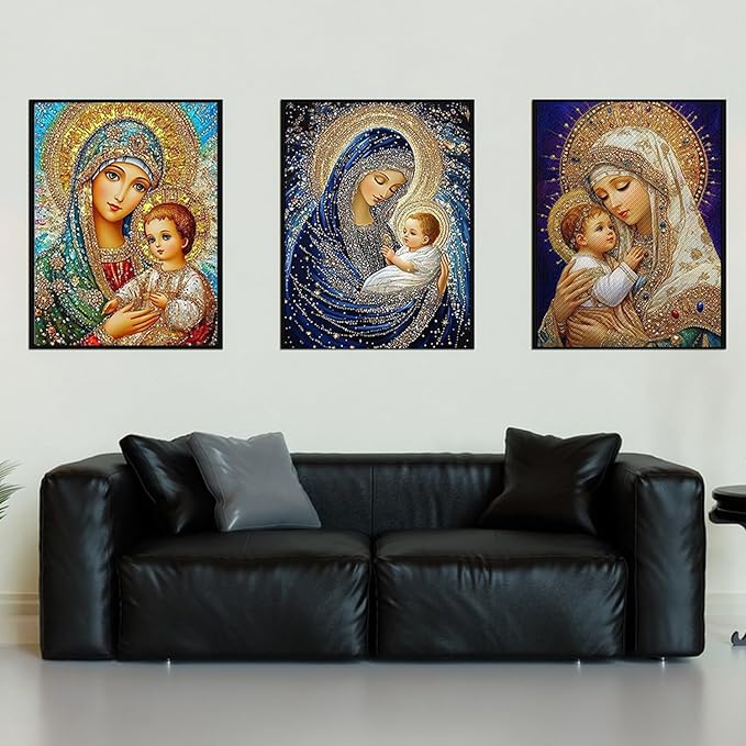 CHWGLFGG 5D Diamond Art Kits for Adults Beginners, 3 Pack Virgin Mary Diamond Painting Kits, DIY Full Round Drill Paint by Diamonds Dot Gem Art for Adults, Home Wall Decor 12x 16 Inch