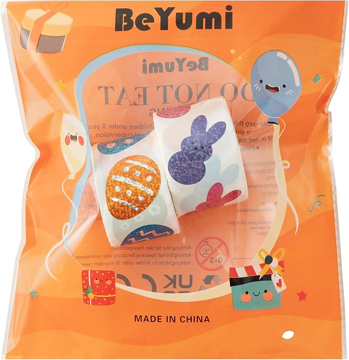 beyumi easter laser bunny sticker - 1000pcs laser bunny peeps stickers in 2 rolls holographic colorful sparkly glitter easter egg rabbit adhesive decal gift holiday party cards envelope decor for kids