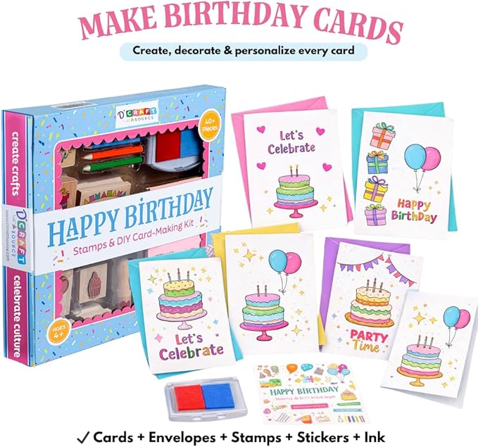 Birthday Card Making Kit for Kids – DIY Craft Kit with Wooden Stamps, Cards, Stickers & Ink Pad – Makes 12 Cards – Party Activity & Gift for Ages 4+