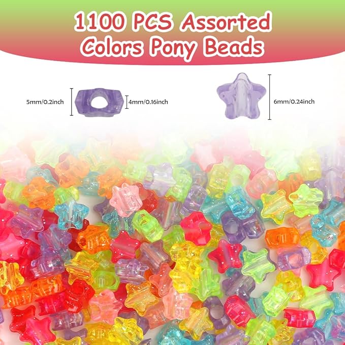 anpiwshjo 1100 pcs sparkle-star plastic barrel shaped pony beads for jewelry making, bracelets, hair beads, crafts
