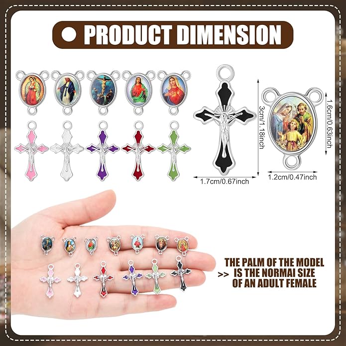 Rosary Making Kits Supplies Cross and Center Medal Charm Alloy Picture Religious Charms Crucifix Pendant for DIY Jewelry Making Prayer Bracelet Necklace Earring