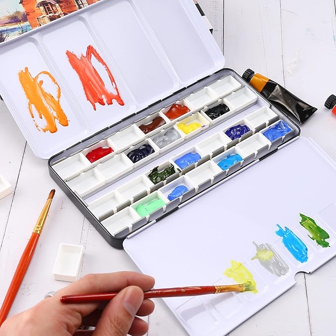 LOONENG Metal Watercolor Tin with Fold-Out Palette, Large Tray Palette with 28 Empty Full Pans for Plein Air, Acrylic and Oil Painting