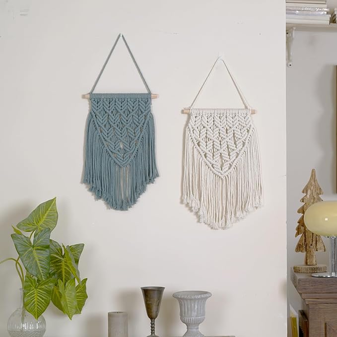 small macrame wall hanging decor boho tapestry for bedroom living room dorm nursery and office, cute aesthetic wall art for small spaces for teen girls and home decor (light blue, 16*10 inch)