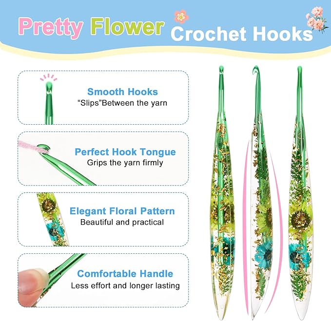 KOKNIT Ergonomic Crochet Hooks Set - 3 Sizes with Floral Resin Handles for Arthritis & Beginners, Comfort Grip for Hand Pain, Extended Soft Handle Design (Multicolor, 3.5-4-4.5mm)