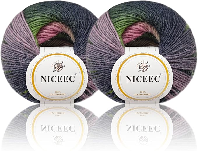 NICEEC 2 Skeins Rainbow Soft Yarn 100% Wool Gradient Multi Color Yarn for Crocheting Knit Total Length 180m×2(196yds×2,50g×2)-7#