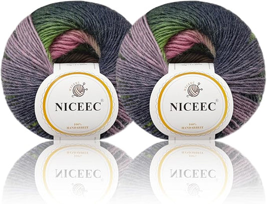 NICEEC 2 Skeins Rainbow Soft Yarn 100% Wool Gradient Multi Color Yarn for Crocheting Knit Total Length 180m×2(196yds×2,50g×2)-7#