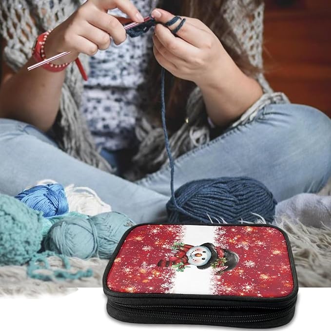 Hechitok Christmas Snowman Crochet Hooks Case Zipper Bags Portable Crochet Storage Bag with Web Pocket and Crochet Holder Slots for Carrying Various Crochets Needles