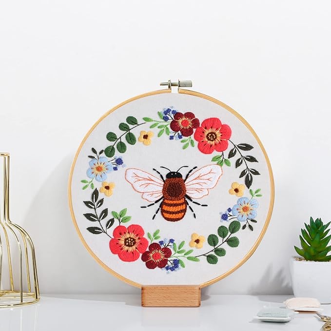 Santune 3 Pack Bee Embroidery Kit for Beginners Adult Cross Stitch Kits Hand Embroidery with Animal Patterns and Instructions,DIY Sets for Women with Hoop,Threads and Needles