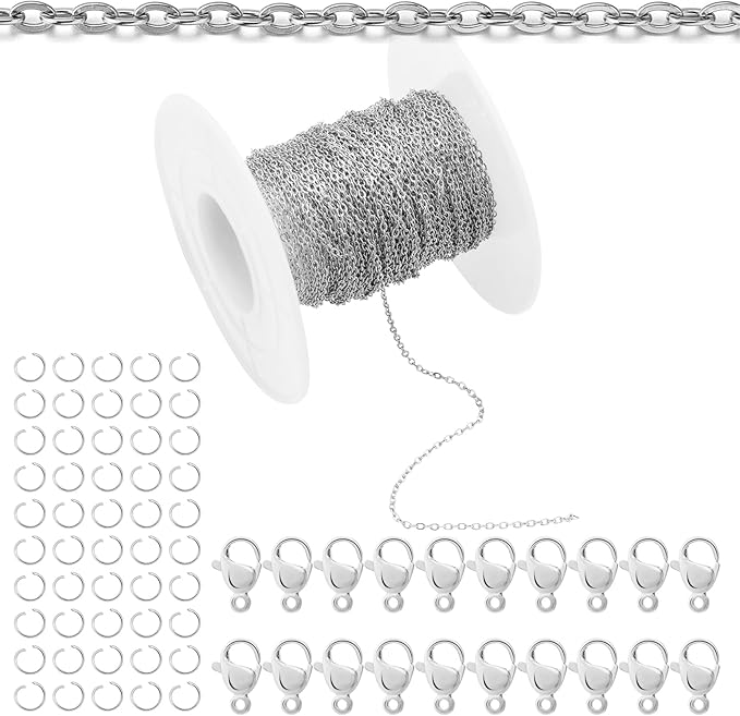 Topacket 33Feet Stainless Steel Necklace Chains Cable Link Chains for Jewelry Making DIY Craft Kit with Lobster Clasps Jump Rings