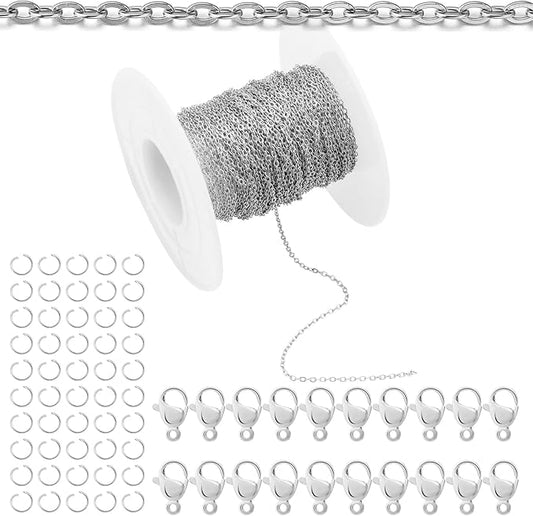 Topacket 33Feet Stainless Steel Necklace Chains Cable Link Chains for Jewelry Making DIY Craft Kit with Lobster Clasps Jump Rings