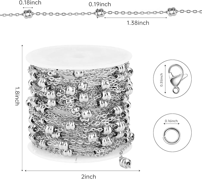 Kyutong 16.4 Feet Silver Stainless Steel Necklace Chain Spool Irregular Beaded Chains for Jewelry Making with Jump Rings Lobster Clasps Supplies for Crafting
