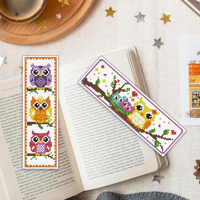ORIGACH 6 Set Cross Stitch Bookmark Kit for Beginner Owl Pattern DIY Stamped Embroidery Bookmark Kit with 13 Colors Embroidery Floss Instructions