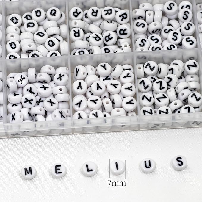 Melius 1450Pcs Acrylic Letter and Number Beads, 4x7mm Alphabetical Flat Round Alphabet Beads in 28 Grid Box for Bracelets, DIY Crafts